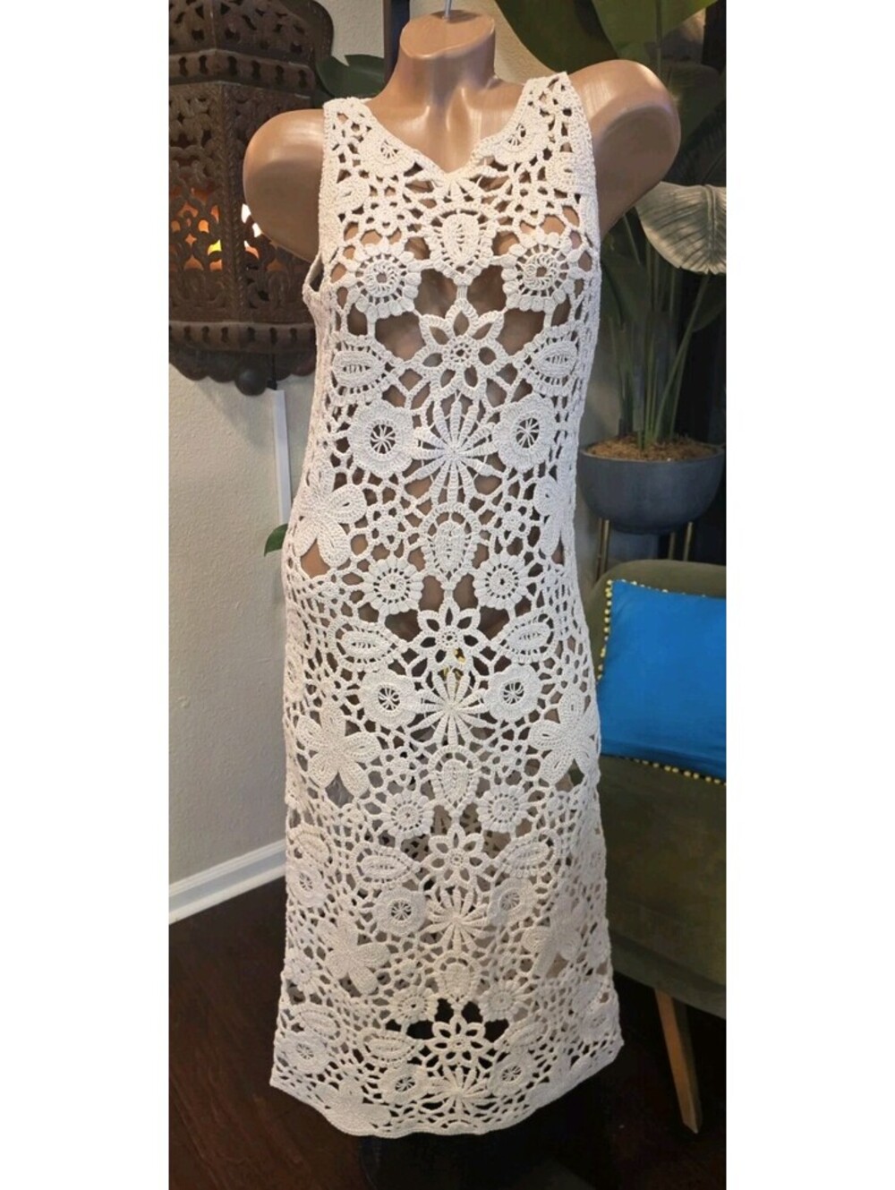MANGO MNG Cream Crochet Midi Dress Open Knit Floral Boho Size S Small US 4 EUC
